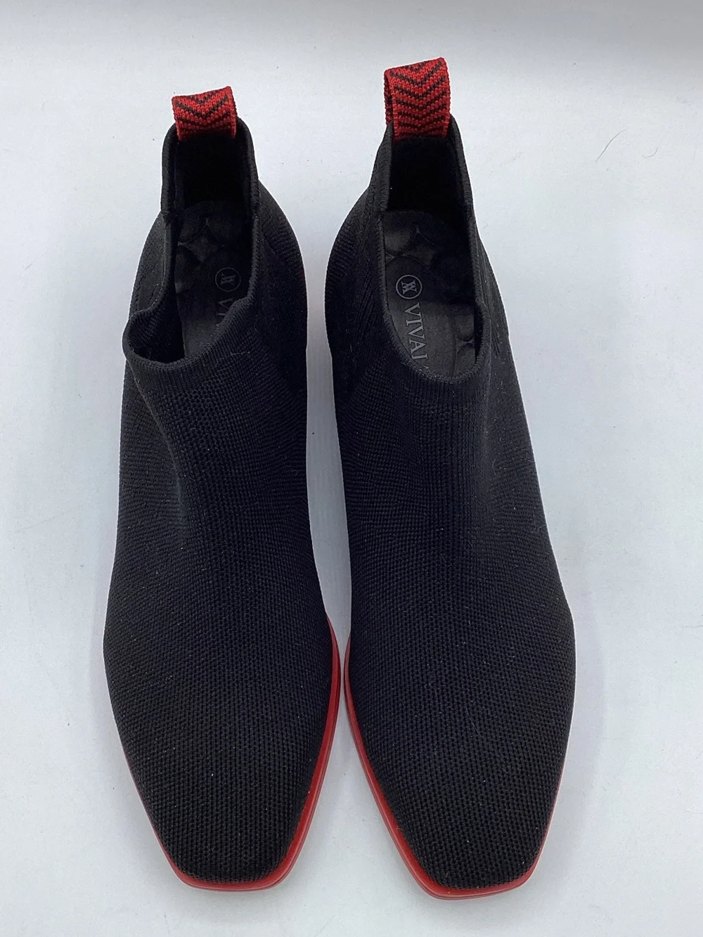 Vivaia Black Knit square toe Ankle boots with Red Sole